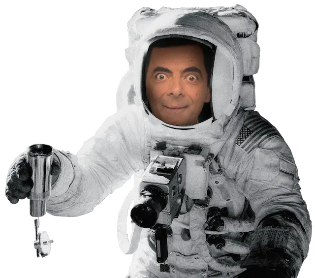 A floating image of an astronaut with Mr. Bean's face