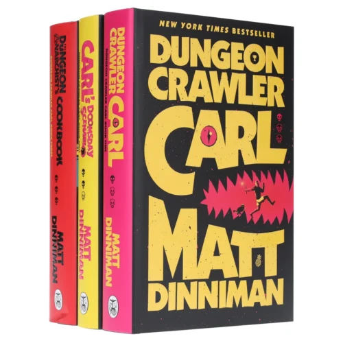 "Dungeon Crawler Carl" books 1 through 3 by Matt Dinniman stacked together, NYT Bestseller, bold yellow and pink covers.