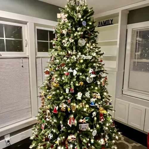 A tall, carefully decorated Christmas tree on prominent display in Carrie's home