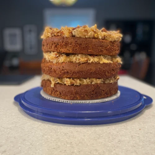 A neat three-layer german chocolate cake