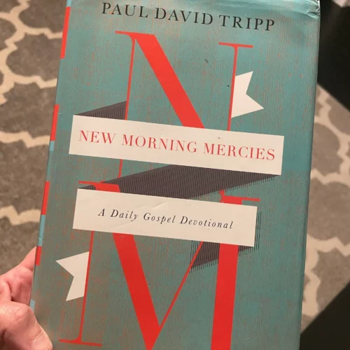 Carrie's hand holding a copy of New Morning Mercies by Paul David Tripp