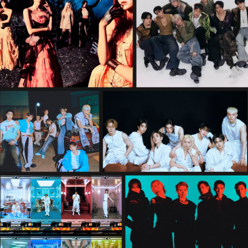A collage of K Pop artists featuring Stray Kids, Ay Tease, and Extraordinary heroes
