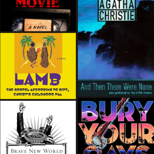 a collage of book covers, including Horror movie - a novel, And then there were none, brave new world, Lamb, and Bury Your Gays