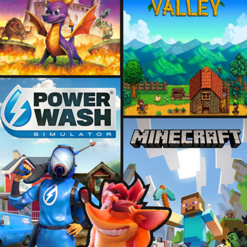 A collage of video game art featuring spyro, stardew valley, power wash simulator, mine craft, and crash bandicoot