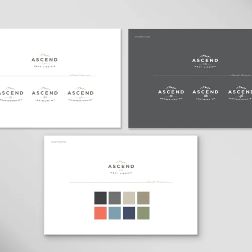 Ascend West Virginia Brand style guide mockup showing logo variations in multiple sizes and a color palette with neutral and accent tones.