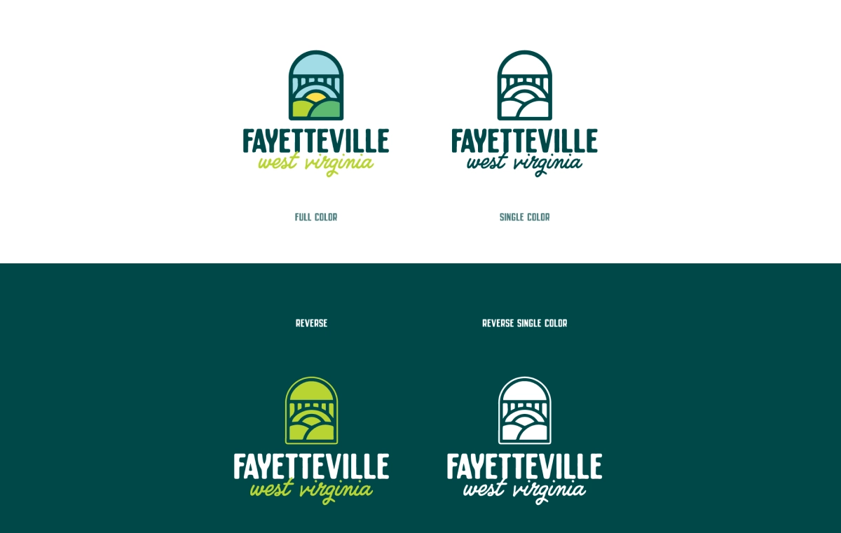 Fayetteville West Virginia logo variations showing full color, single color, reverse, and reverse single color versions.