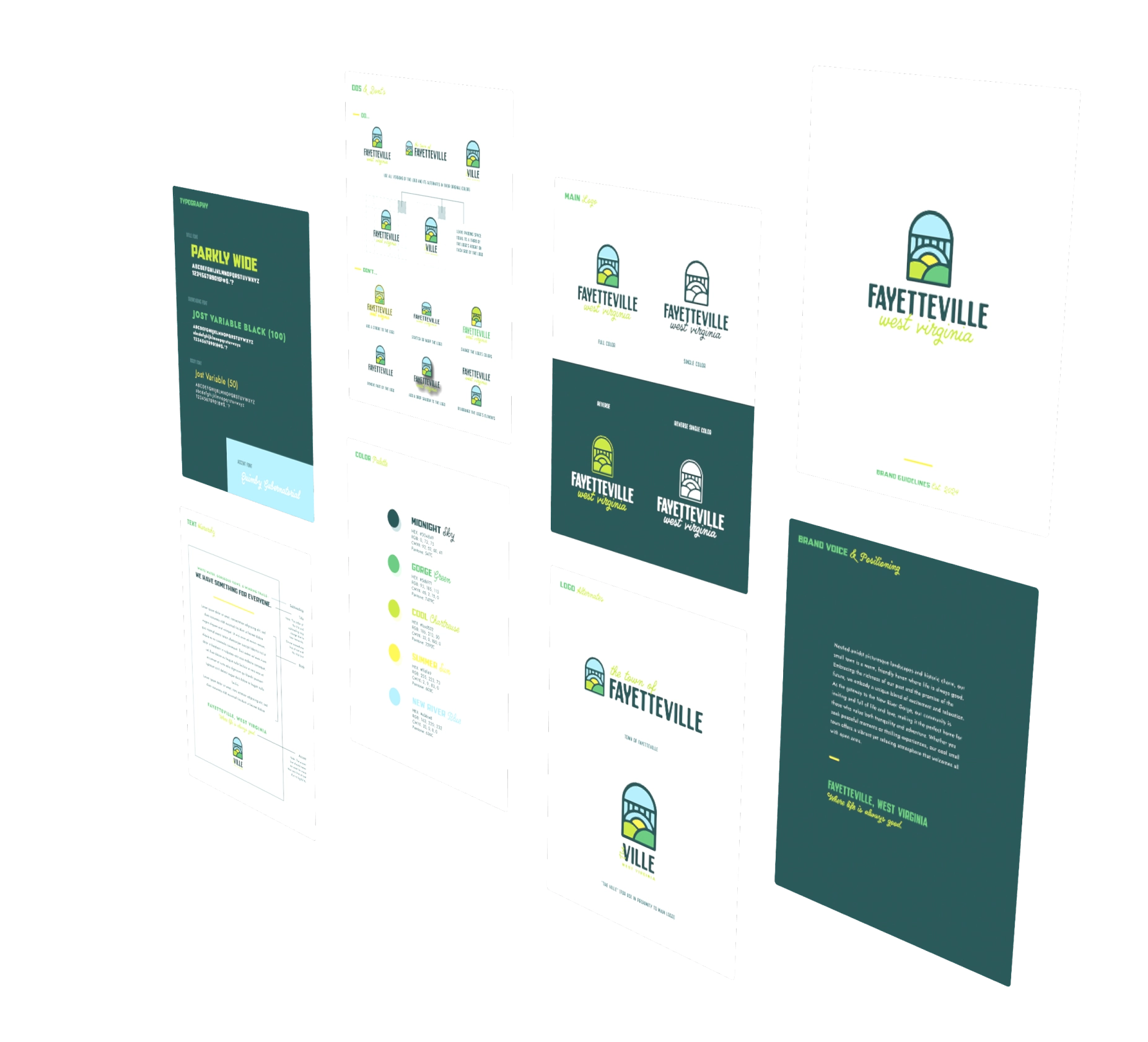 Isometric Brand style guide mockup for Town of Fayetteville, showing all brand guide pages