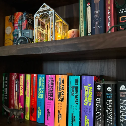 A dark walnut bookshelf with various brightly colored book titles on prominent display. The shelves are decorated with candles, a polaroid camera, a plastic dinosaur, and a greenhouse book nook that casts a gentle glow on the surrounding books