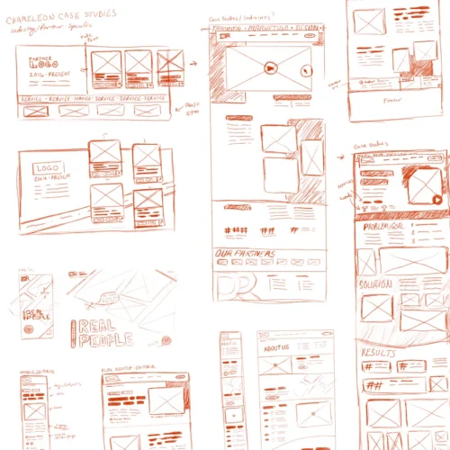 Low fidelity wireframe sketches of the new Digital Relativity website. Key parts of the final user interface are visible in the sketches