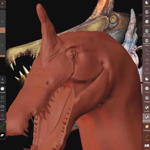 A spinosaurus mirabilis made of digital clay, in front of official art that was used as reference for the sculpt. The Nomad Sculpt interface is visible