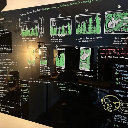 A black glass markerboard displaying Storyboard sketches of the various graphic layers used on the west virginia state parks homepage and numerous hand-written notes on the intended animation and behavior