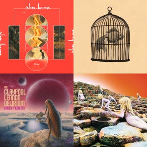Playlist art featuring Glass Beams, Fish in a Birdcage, the Claypool Lennon Delerium, and Led Zeppelin