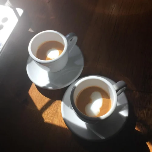 Two white demitasses containing single shots of espresso marked with a little bit of foam