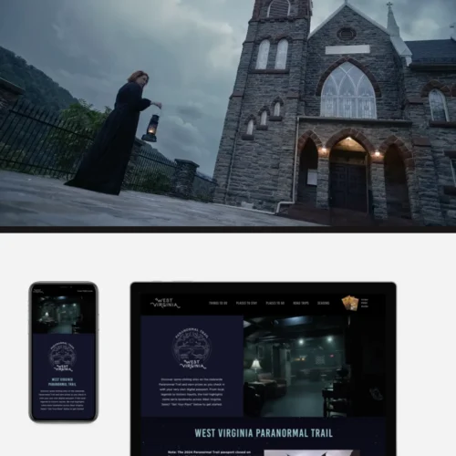 Woman with lantern before gothic church; West Virginia Paranormal Trail website shown on laptop and mobile devices.