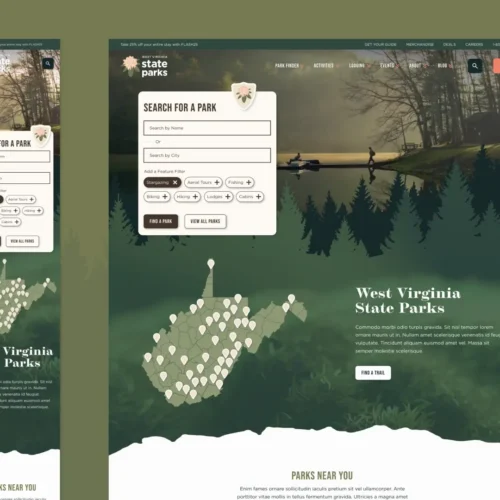 A mockup of the West Virginia state parks homepage on desktop and mobile