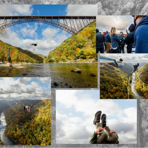 A collage of Sarah's favorite photos she's taken at Bridge Day. It shows action shots of base jumpers as well as scenic angles of the bridge and new river gorge below