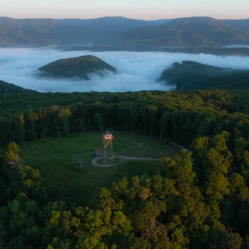 an aerial photo of a fire tower. Beyond hte tree line, a dense fog rolls between peaks of the surrounding appalachian mountains