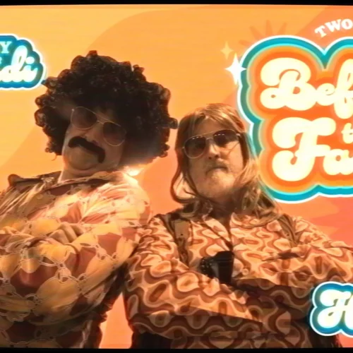 Tony Caridi and Brad Howe pose in retro attire. Retro type is overlaid, reading "two guys before the game"