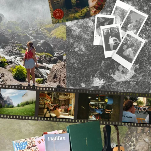 A stylized collage of Sarah's favorite activities, it includes various albums, polaroid images, an acoustic guitar, a variety of magazines, and a strip of camera film