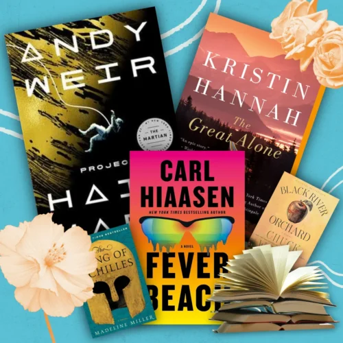 A collage of books including Project Hail Mary by Andy Weir, The Great Alone by Kristin Hannah, Black River Orchard by Chuck Windig, The song of Achilles by Madeline Miller, and Fever Beach by Carl Hiaasen