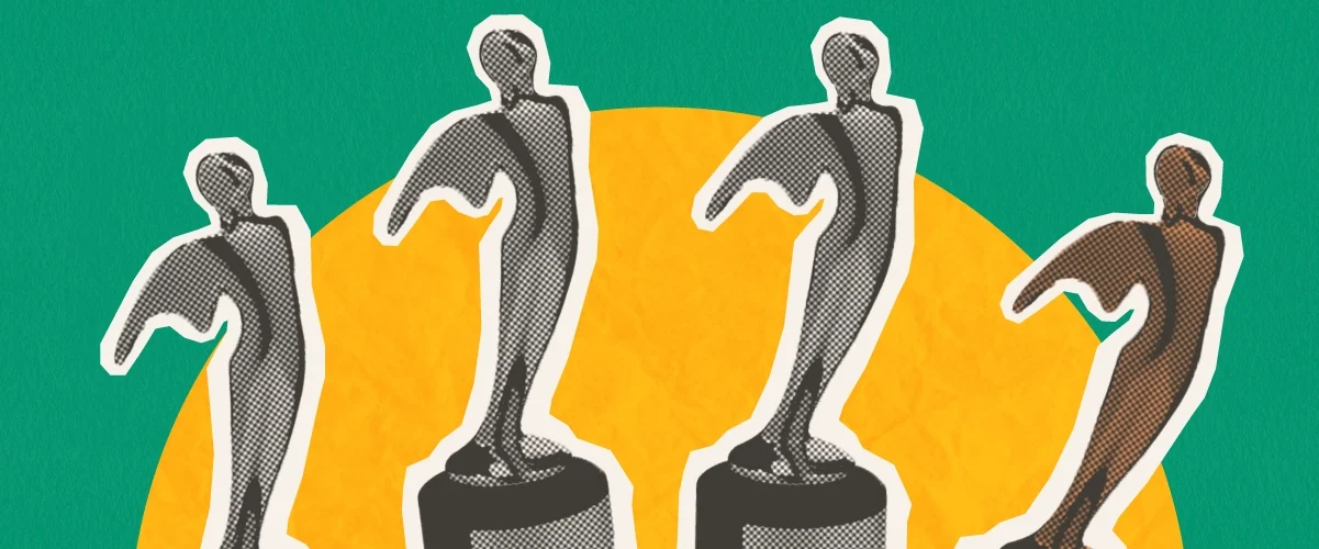 Four silver award trophies featuring human figures in dynamic poses, displayed against a green and yellow circular background.