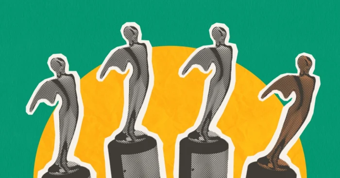 Four silver award trophies featuring human figures in dynamic poses, displayed against a green and yellow circular background.