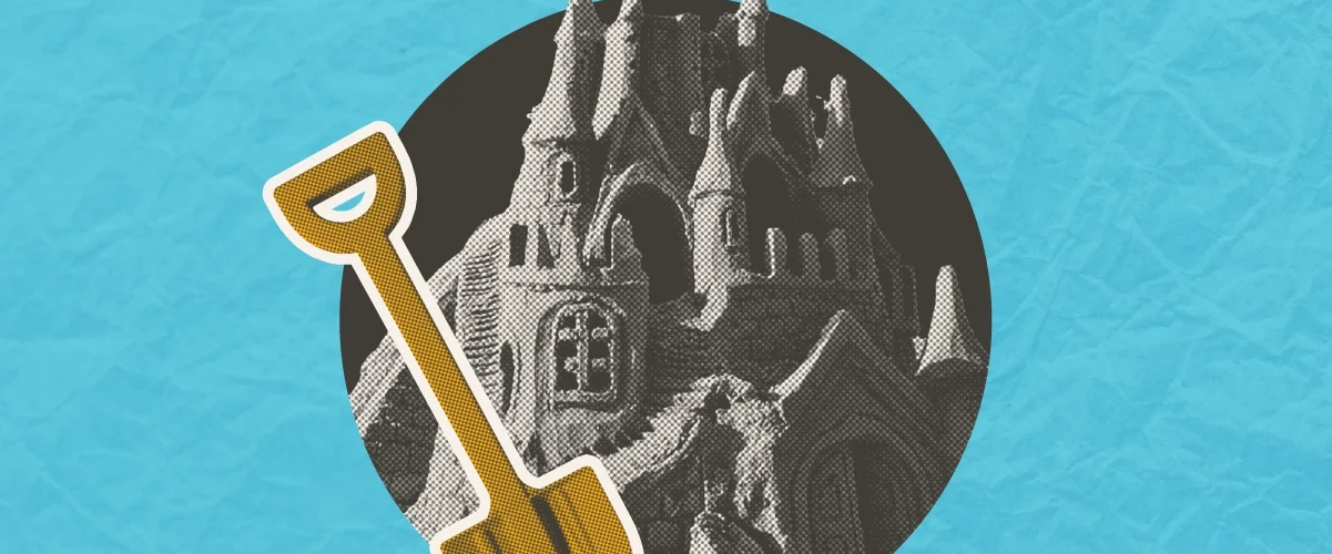 Golden shovel overlaid on a grayscale sandcastle illustration against a teal background.