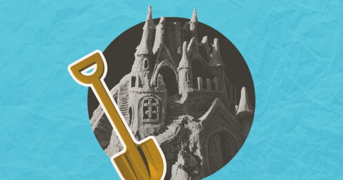 Golden shovel overlaid on a grayscale sandcastle illustration against a teal background.