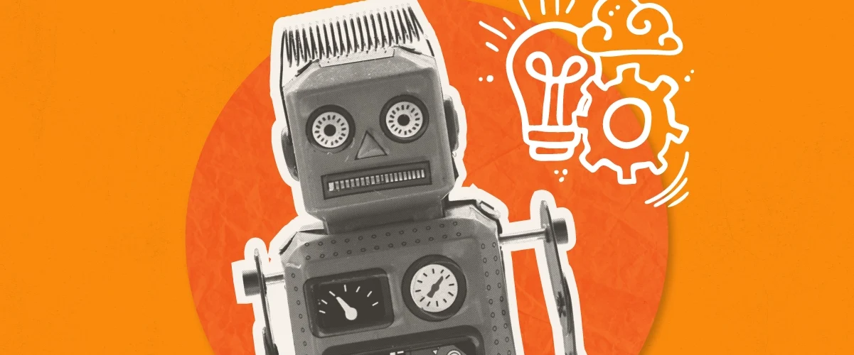 A toy robot on a dark orange circle with lightbulbs gears and clouds near its head