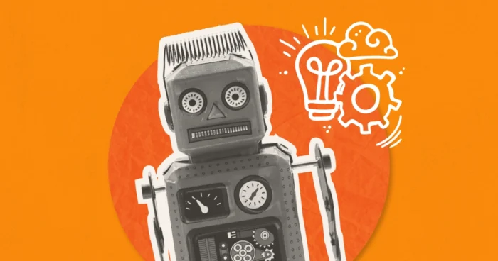 A toy robot on a dark orange circle with lightbulbs gears and clouds near its head