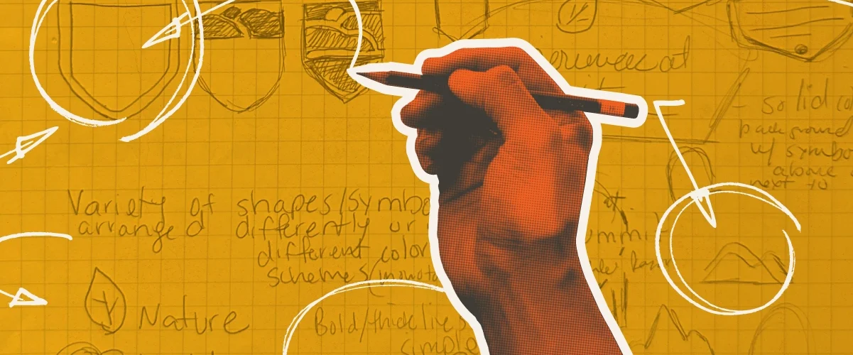 Hand holding a pencil against a golden yellow background with sketched educational doodles and handwritten notes.