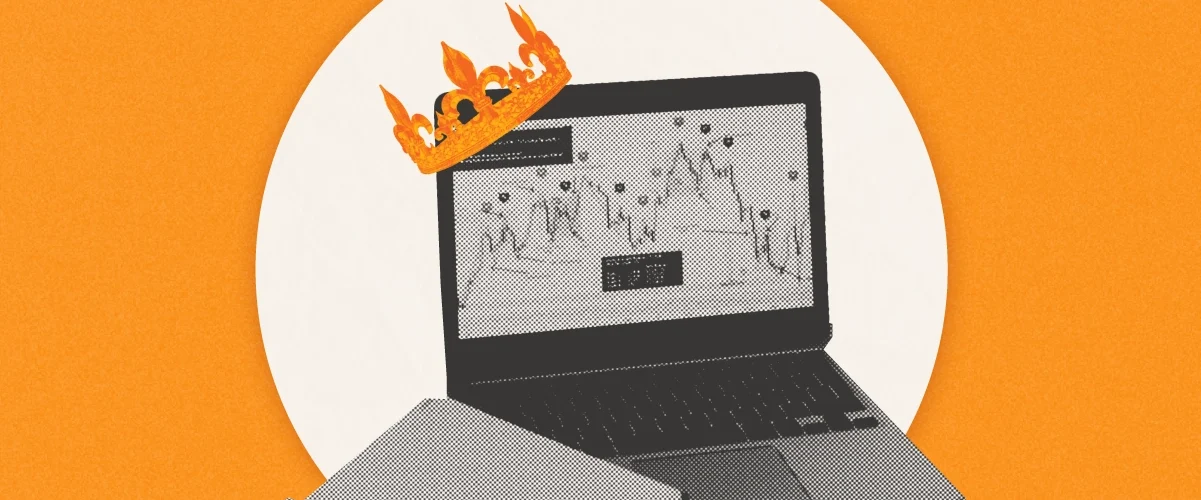 Laptop with a crown and flames, displaying charts/graphs, on an orange background.