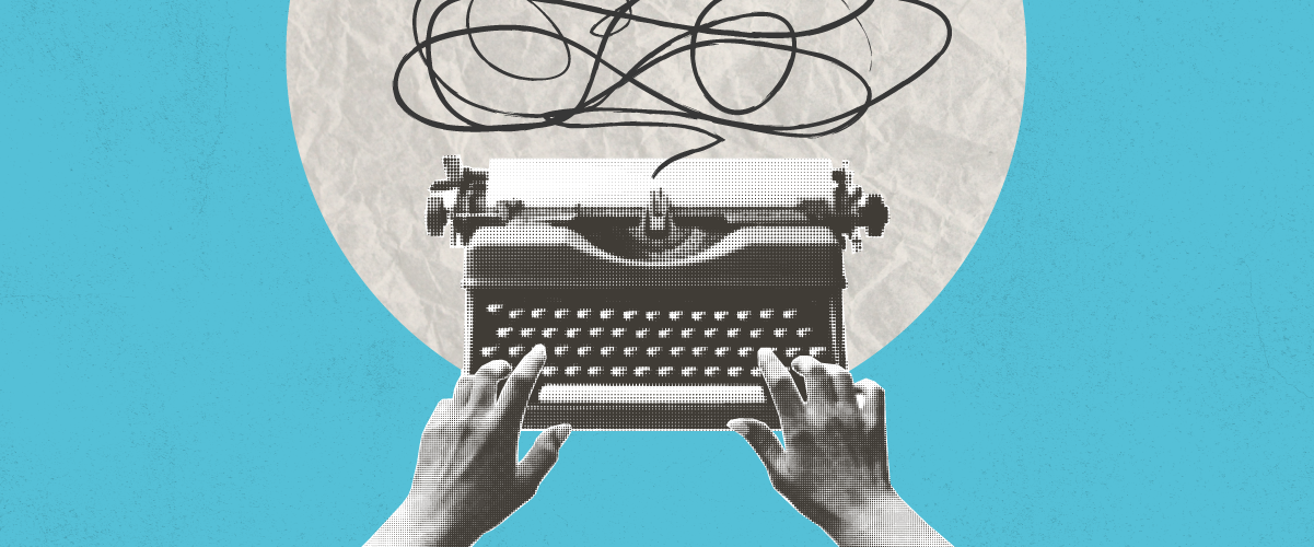 Hands typing on a vintage typewriter with tangled lines above, against a circular white background on blue.