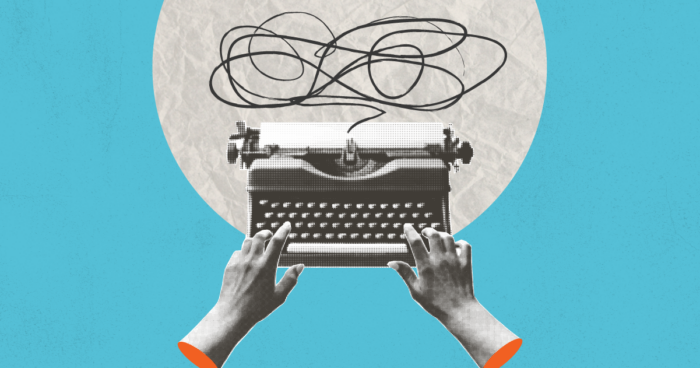 Hands typing on a vintage typewriter with tangled lines above, against a circular white background on blue.