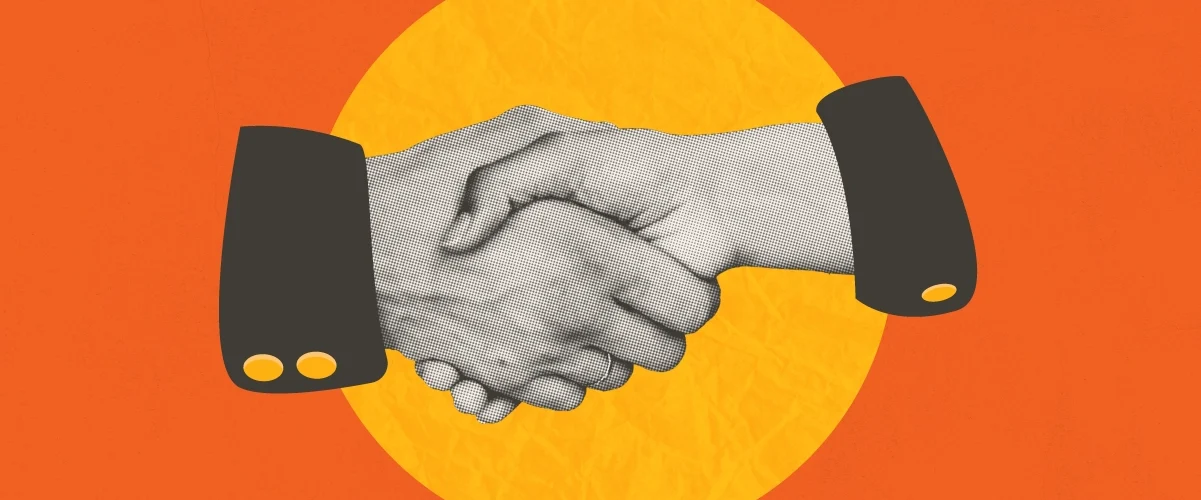 Two hands shaking in a business handshake, black-and-white collage style, against an orange background with yellow circle.