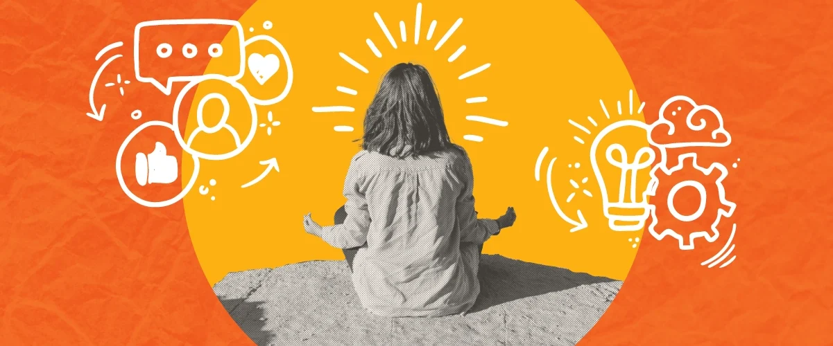 Person meditating surrounded by social media and creativity icons on orange background.