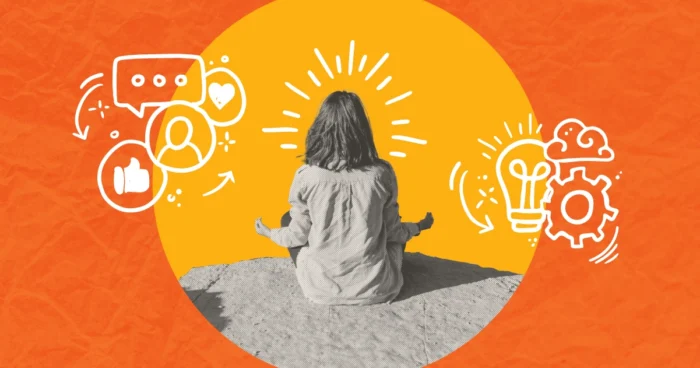 Person meditating surrounded by social media and creativity icons on orange background.