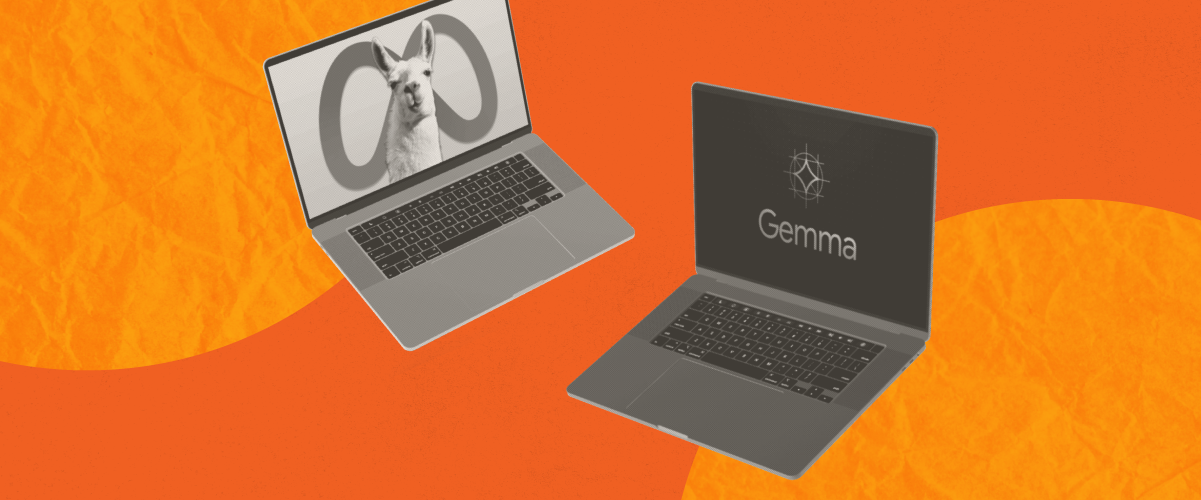 Two laptops floating on a dark orange background against light orange circles. Their screens show LLama 3 by Meta and Gemma by Google