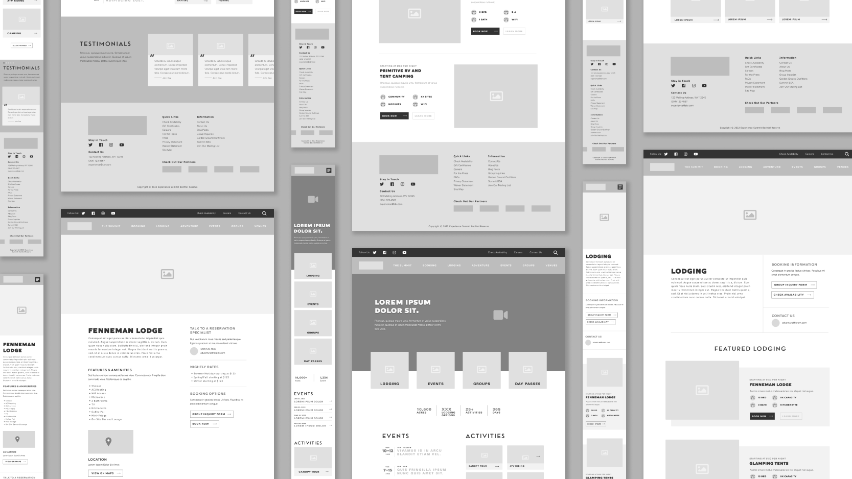 A mock-up showing the various wireframes created during the web design process for The Summit Bechtel Reserve by Digital Relativity