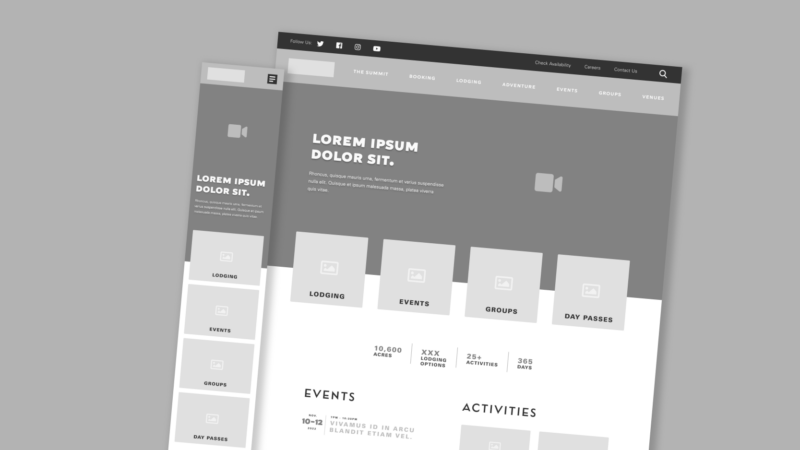 A mock-up showing a detail view of the homepage wireframes on mobile and desktop, created during the web design process for The Summit Bechtel Reserve by Digital Relativity