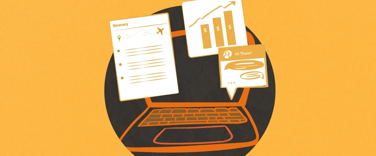 An illustrated laptop with an itinerary, chat window and bar graph displaying in windows around the device