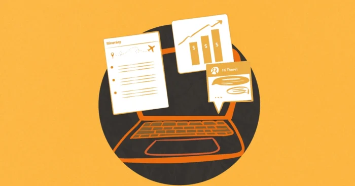 An illustrated laptop with an itinerary, chat window and bar graph displaying in windows around the device