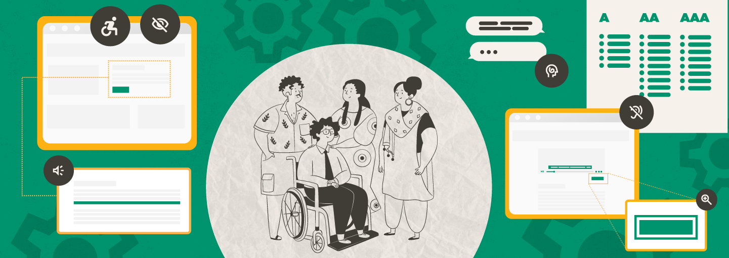 Illustration of four people, including one in a wheelchair, in front of website accessibility icons: text size controls, screen reader, closed captions, color contrast checklist, and magnifier.