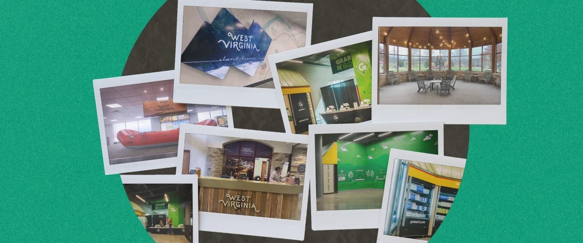 Collage of Polaroid-style photos showing various interior and exterior spaces on a green background.