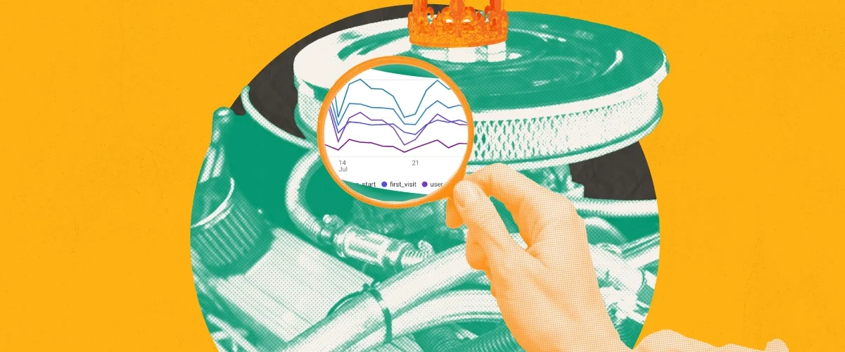 Hand holding magnifying glass over vinyl record with crown, on orange background.