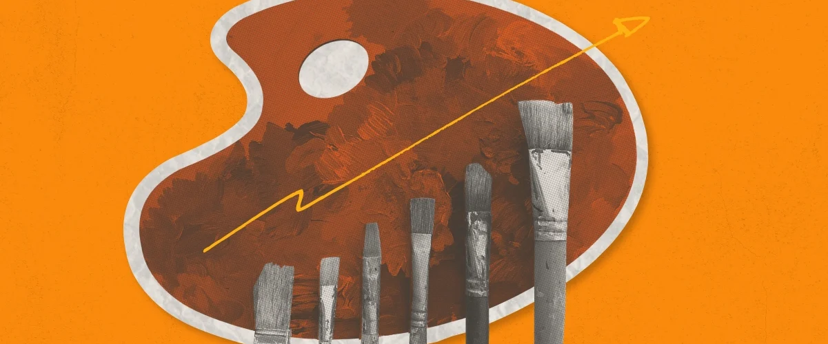 Artist's palette with paintbrushes and a rising gold line graph on an orange background.