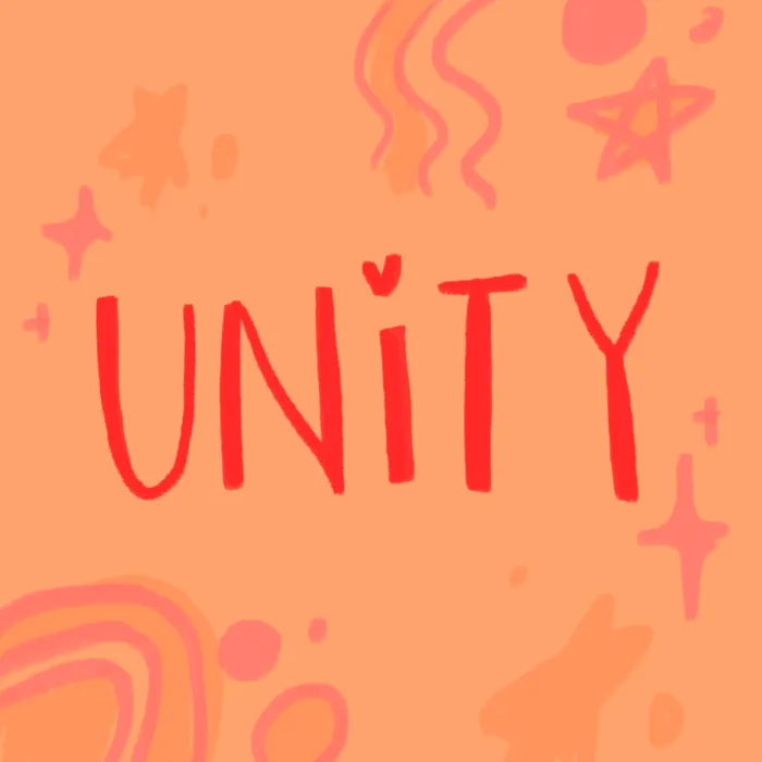 "UNITY" in red hand-lettered text on a peach background with decorative stars, swirls, and rainbow doodles.
