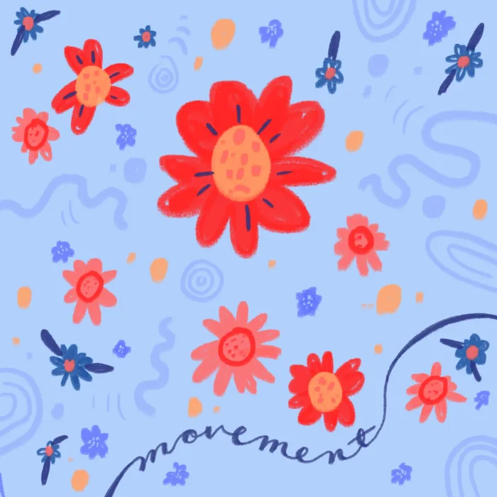 Blue background with red and pink flowers, small birds, and the word "movement" in cursive script.