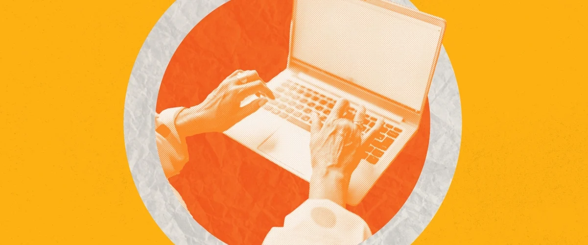 Person typing on a laptop, illustrated in orange tones within a circular frame on a yellow background.
