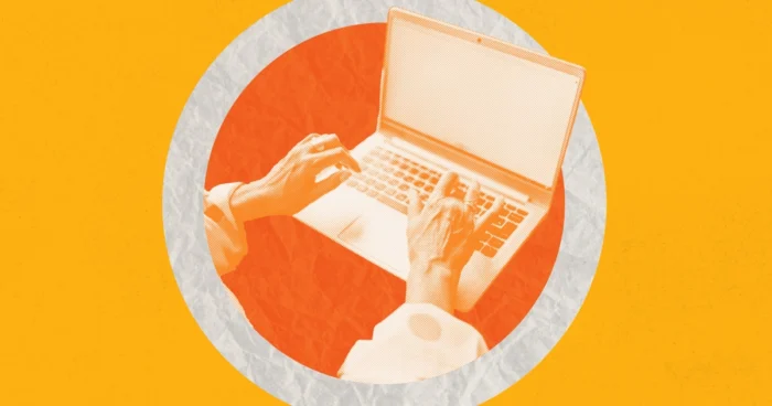 Person typing on a laptop, illustrated in orange tones within a circular frame on a yellow background.